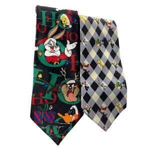 Set of 2 Looney Tunes Mens Neck Ties Checkered Holiday
